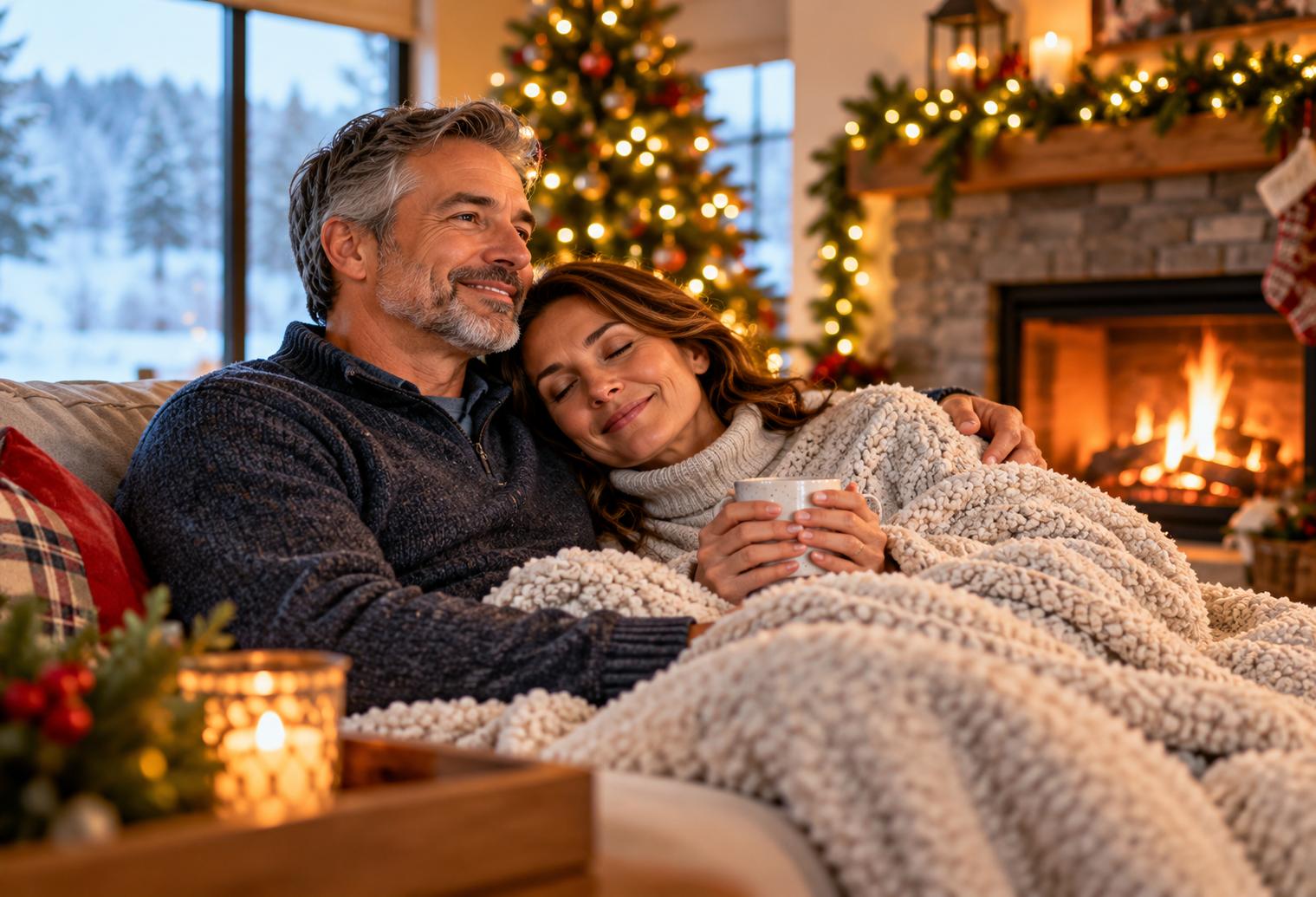 Couple relaxing together by a fireplace and Christmas tree, promoting heart health, restful sleep, and wellness during the holiday season.